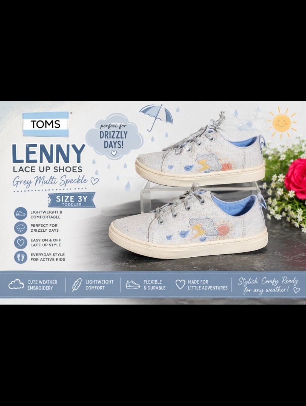 TOM'S 3Y Lenny Grey Multi Speckle Drizzly Weather Lace Up Shoes